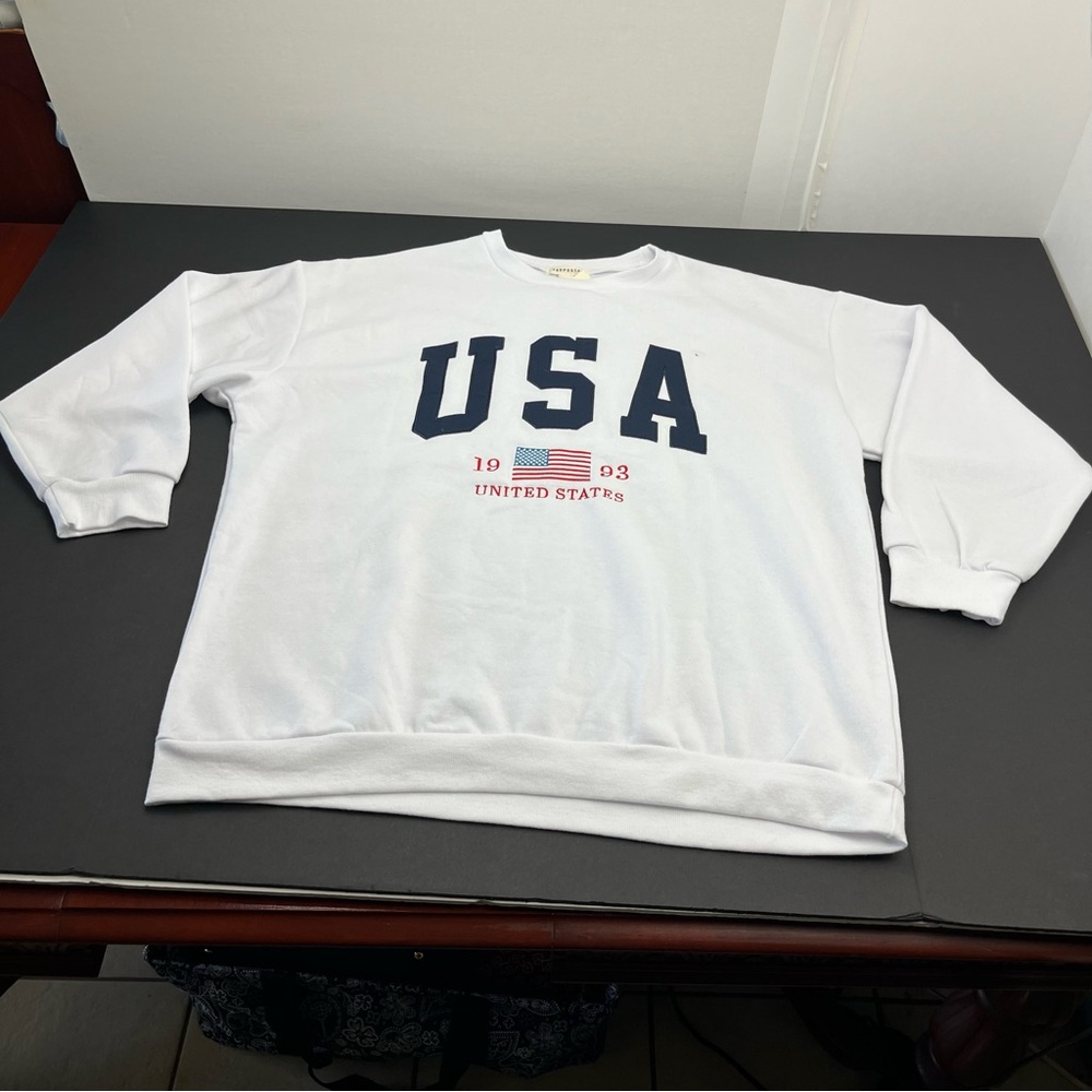 Aeropostale White USA Oversized Crew Sweatshirt Womens Large Patriotic NEW *FLAW